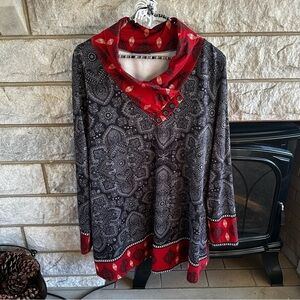 Azalea by Firmiana Red and Black Floral Cowl Neck Tunic Top 1X